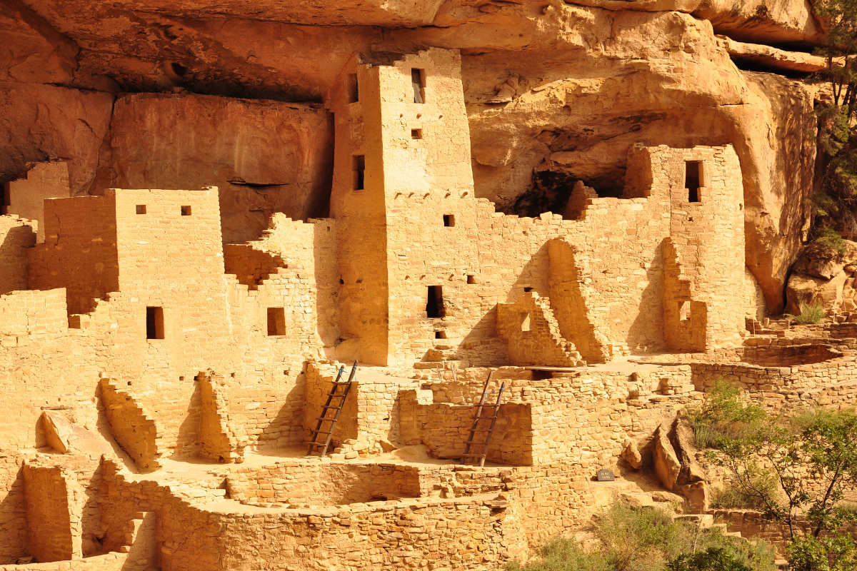 a group of people in front of a brick wall with Mesa Verde National Park in the background